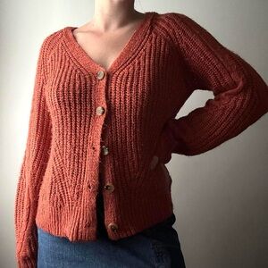 Hem & Thread orange fuzzy knit v neck cardigan sweater